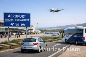 Aéroport de Girona avec avion en approche, voiture de location et bus vers Empuriabrava.