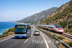 Trajet Empuriabrava Barcelone par autoroute, mer à gauche, montagne à droite, bus et voiture en route.