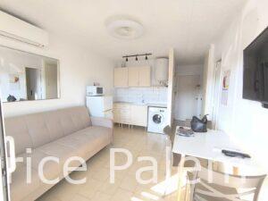 La photo montre le séjour de cet appartement, son entrée et sa cuisine ouverte sur le séjour.