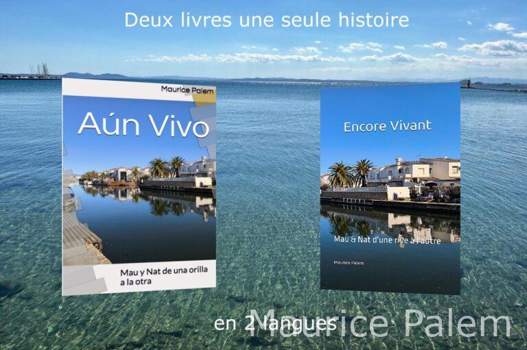 Photo des deux livres Aún vivo / Encore Vivant sur fon de mer méditerranée à Santa Margarita