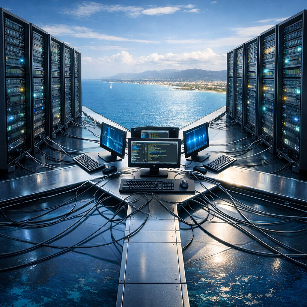 Vue d’un centre de données futuriste installé sur une plateforme surélevée au‑dessus de la Méditerranée, avec trois rangées de serveurs en étoile reliés par des câbles à des écrans et claviers, sous un ciel bleu lumineux.