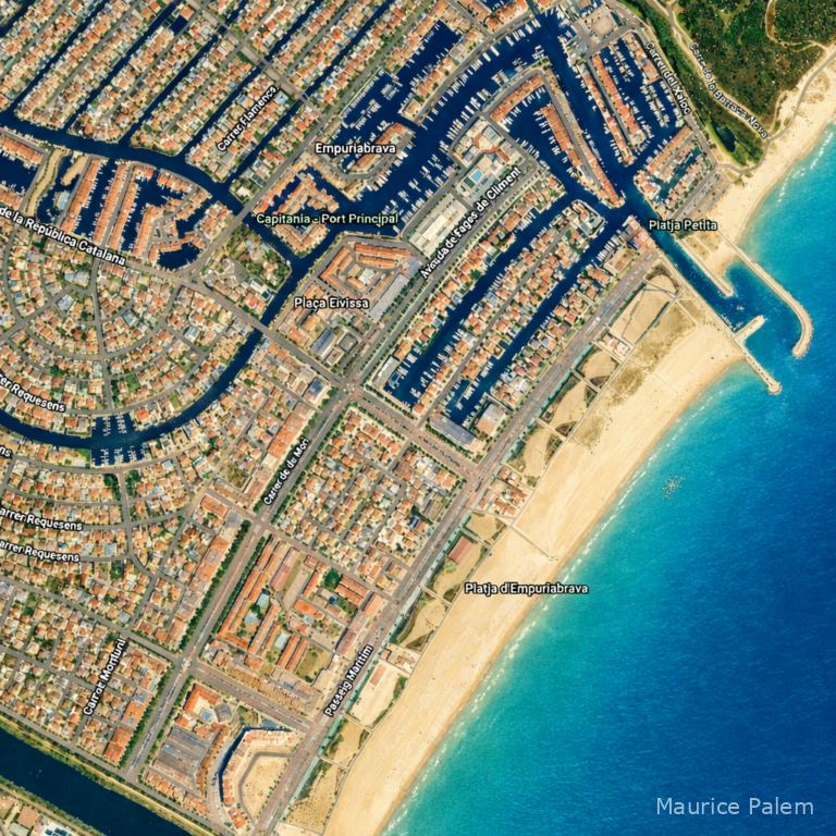 Vue satellite du centre d’Empuriabrava avec les canaux, le port et la plage