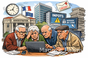 Illustration montrant des personnes âgées séparées d’un groupe connecté par un gouffre rempli de code binaire, symbolisant la fracture numérique.