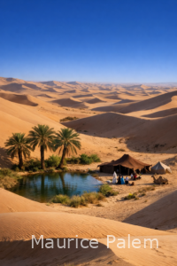 Oasis dans le désert avec trois palmiers, un point d’eau, une tente touareg et une famille entre les dunes.