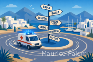 Illustration conceptuelle d’une ambulance tournant en rond entre les quartiers d’Empuriabrava