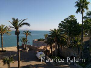 Vue de Peñíscola depuis le château del Papa Luna, avec les palmiers, les remparts et la Méditerranée en arrière‑plan.