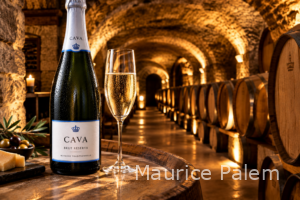 Nous voyons une cave de Cava sous terre avec les futs alignés une bouteille et une coupe